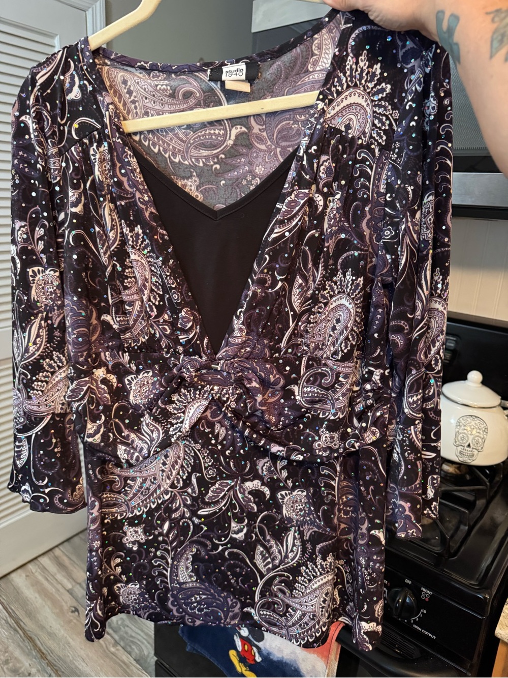 Studio 1940 Purple & Black Paisley Twist-Front V-Neck Top